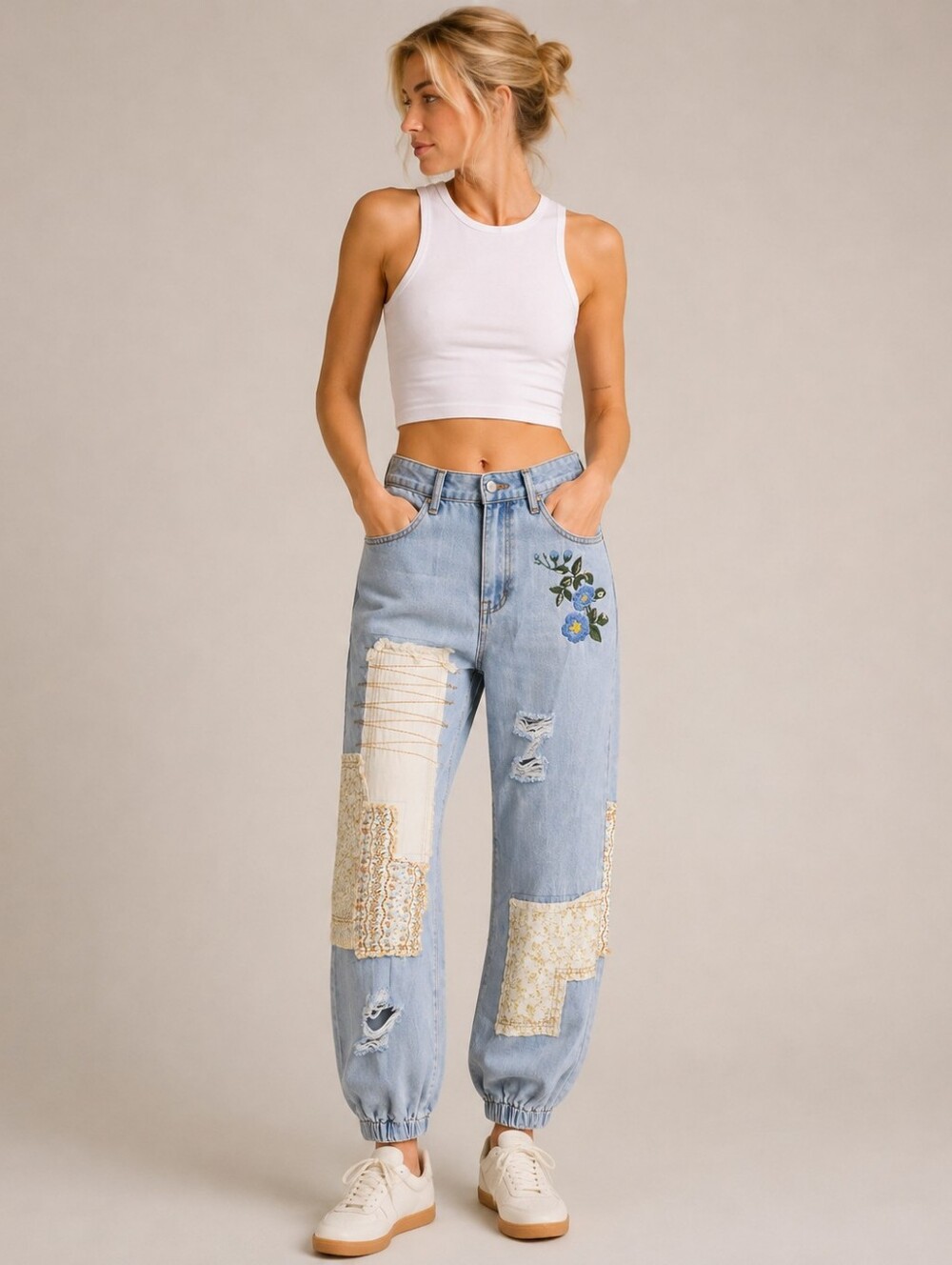 POL Patchwork Floral Embroidered Distressed Denim Jogger Jeans Small NWT